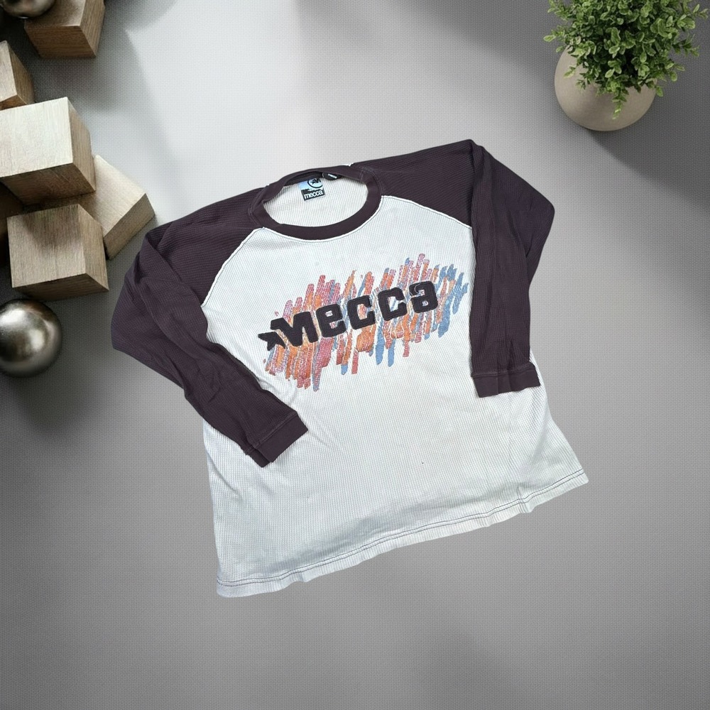 Vintage Mecca Raglan Thermal Shirt Y2K Brown White Waffle Knit Boys Size M 1